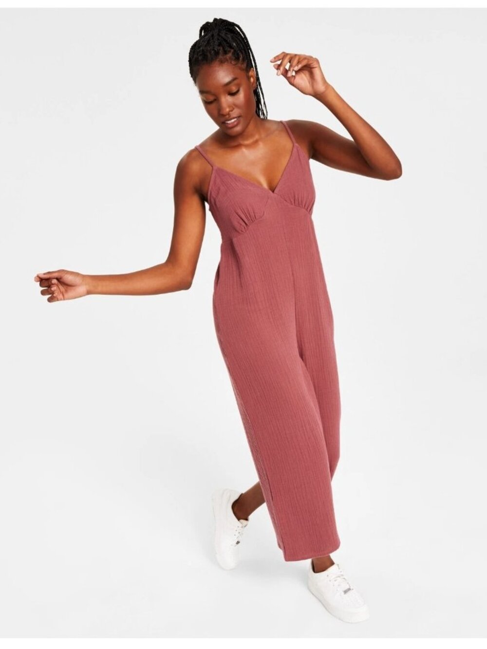 Jenni Women's Solid V-Neck Cotton Lounge Jumpsuit, Sunsweet Plum, XS